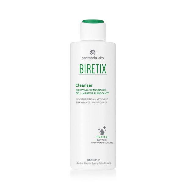 This image shows a white upright bottle of Biretix Cleanser, with a green flip gap