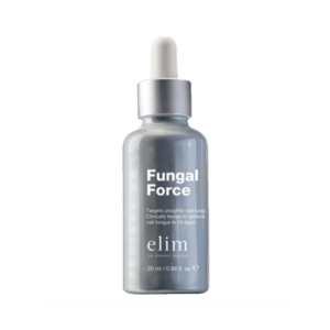 A silver dropper bottle containing Elim Fungal Force for the effective treatment of fungal and bacterial nail infections