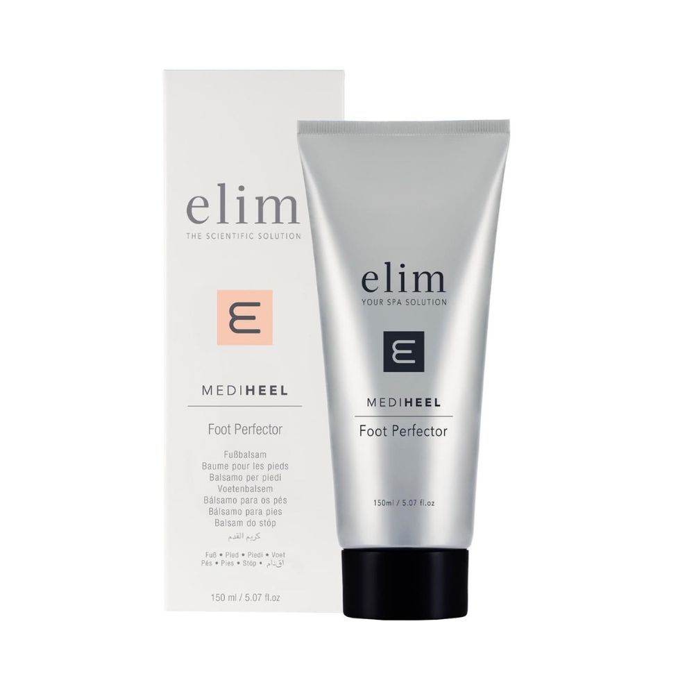 A silver tube of Elim MediHeel Foot Perfector next to the display box