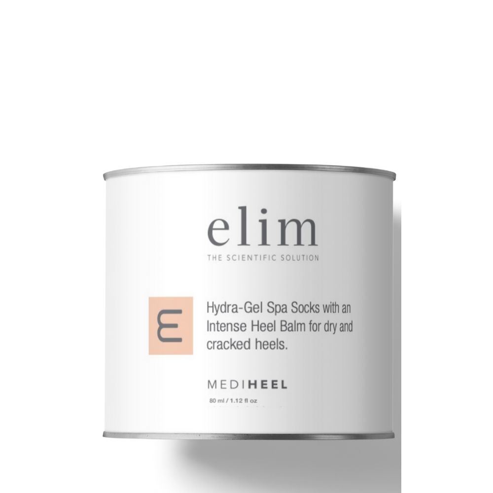 A tub of Elim MediHeel Intense Night Repair containing medical grade silicon heel socks and tub of cream