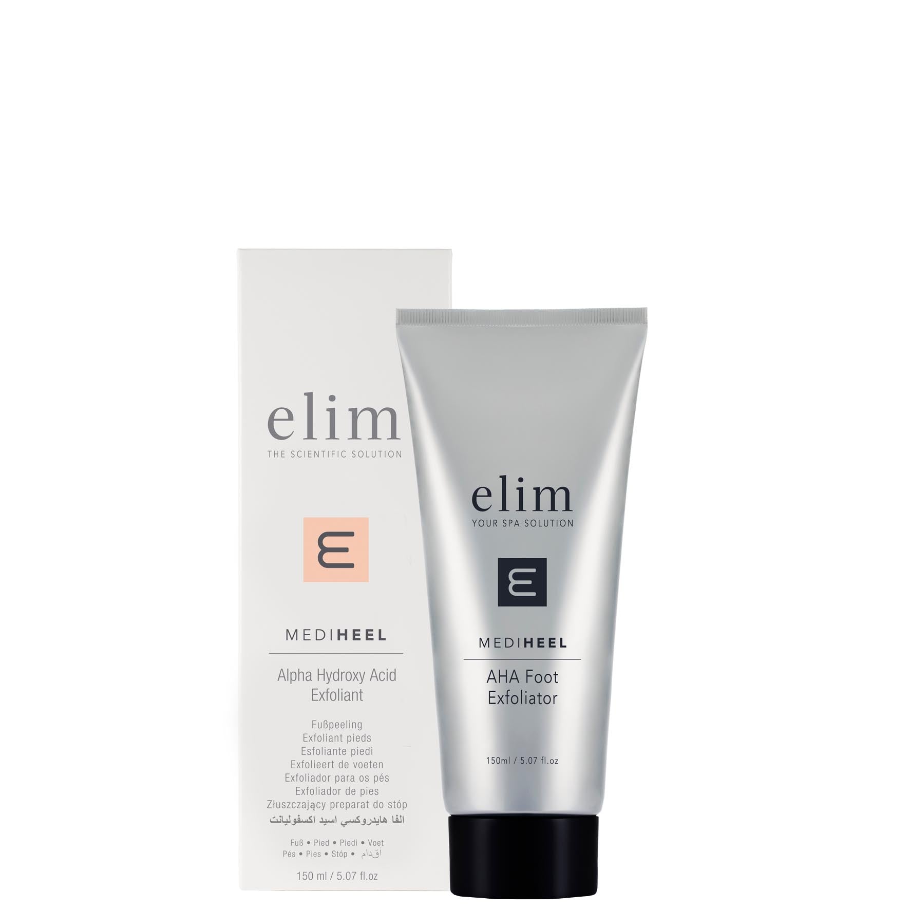 Silver tube of Elim MediHeel AHA Foot Exfoliant