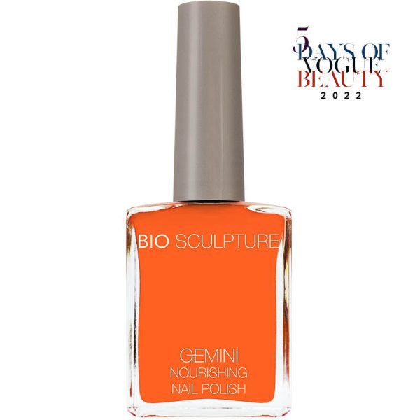 A bottle of citrus orange nail polish. Bio Sculptures nail polish brand Gemini have created a colour called No. 2028 Tangerine