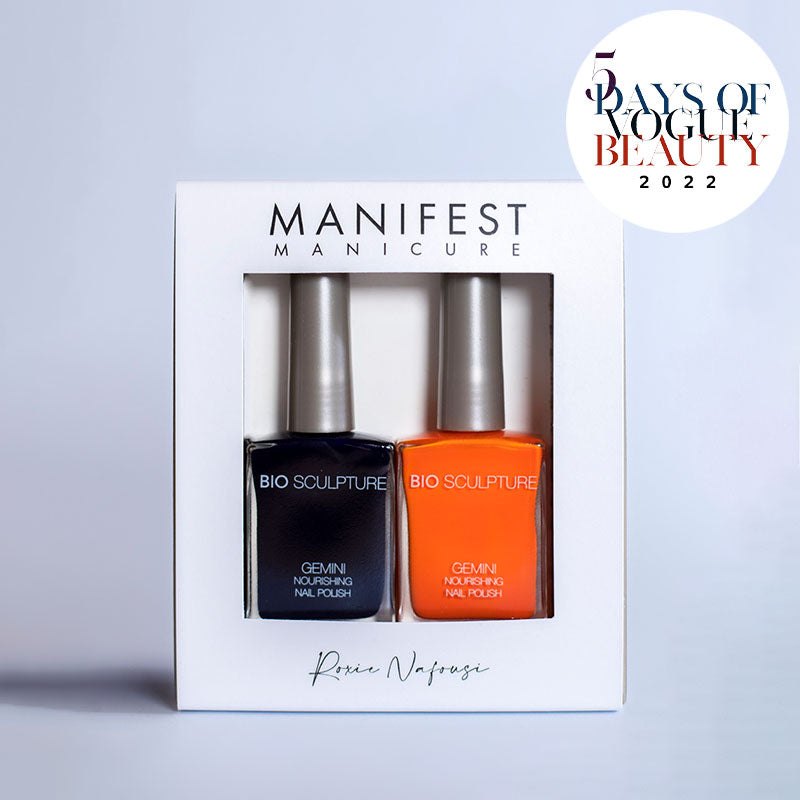 Manifest Manicure. Roxie Nafousi Vogue 5 days of Beauty. Pack of 2 Gemini Nail Colours, Tangerine (bright orange) and duke (Sheer ink blue)