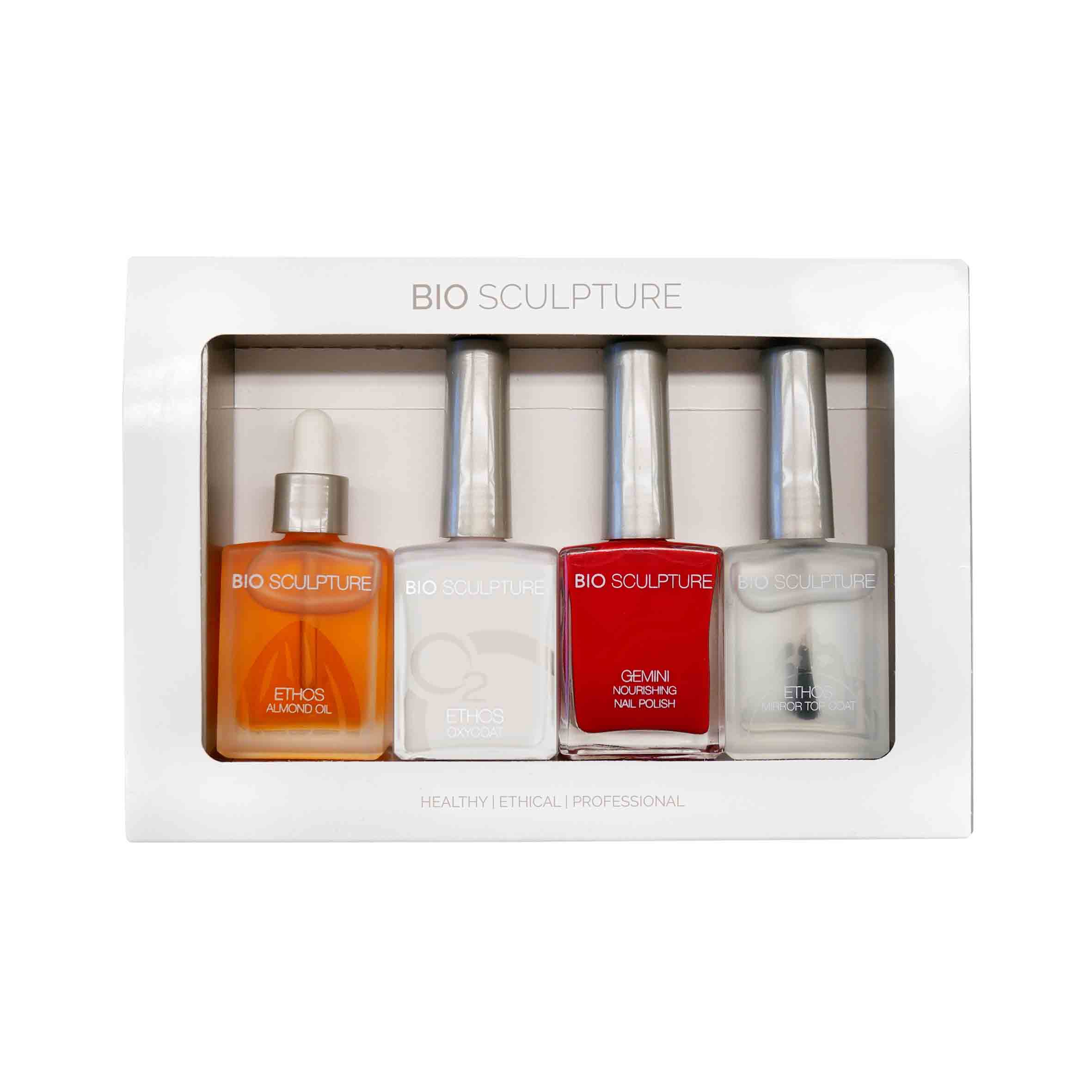 Bio Sculpture Gift Box featuring 4 14ml bottles. The bottles can be picked to create your own personal set of ethos nail treatments and can include a gemini nail polish