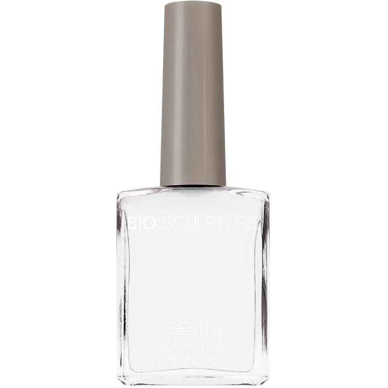 Image shows a bottle of Gemini Nail Polish in the colour of No 1 French White. This colour is a stark opaque white, perfect for creating a timeless French Manicure