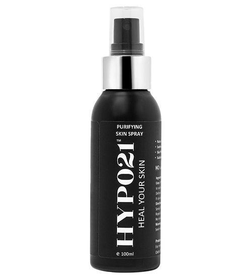 Image shows a 100ml spray bottle of Hypo21. The bottle a matt black in colour and appeared, with a silver screw neck and black spray pump. The name is printed onto the bottle with HYPO21 being large and bold in appearance.