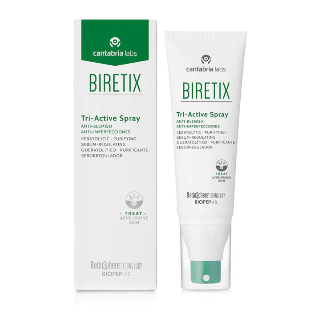 The image showcases the sleek white BiRetix Tri-Active Spray bottle. Its clean lines and minimalist design emphasises simplicity and efficacy. The bottle's label prominently features the green BiRetix logo, indicating a trusted skincare brand. With its convenient green spray nozzle, the bottle promises easy application for targeted spot treatment on the body. Get ready to achieve clearer, smoother skin with BiRetix Tri-Active Spray.