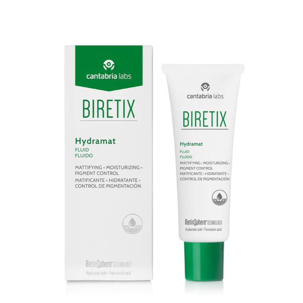 The image of Biretix Fluid features a sleek, modern bottle with clean lines and a minimalist design, reflecting the product's advanced skincare technology. The fluid inside is depicted as clear and lightweight, suggesting a refreshing and non-greasy texture. The label showcases the green Biretix logo prominently, indicating a trusted and professional skincare brand. Overall, the image conveys a sense of sophistication and efficacy, promising a solution for oily and combination skin concerns.