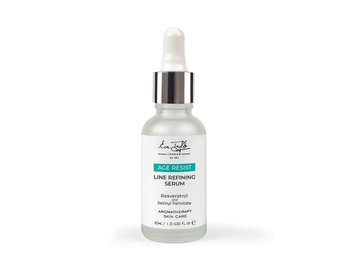 Bottle of Line Refining Serum labeled 'AGE RESIST' with a dropper cap, white label and teal accent on a white background